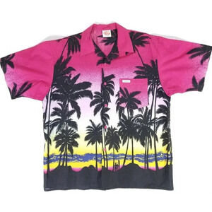 VINTAGE Dorsett Hawaiian Shirt Mens Size XL Pink Sunset Palm Trees Beach Bahamas
